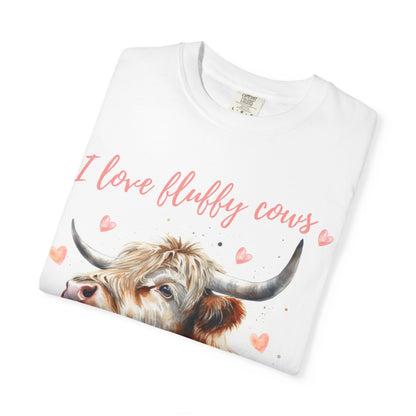 I Love Fluffy Cows T-Shirt - Cute Highland Cow with Neutral Pinks and Watercolor Design, Comfort Colors Tee