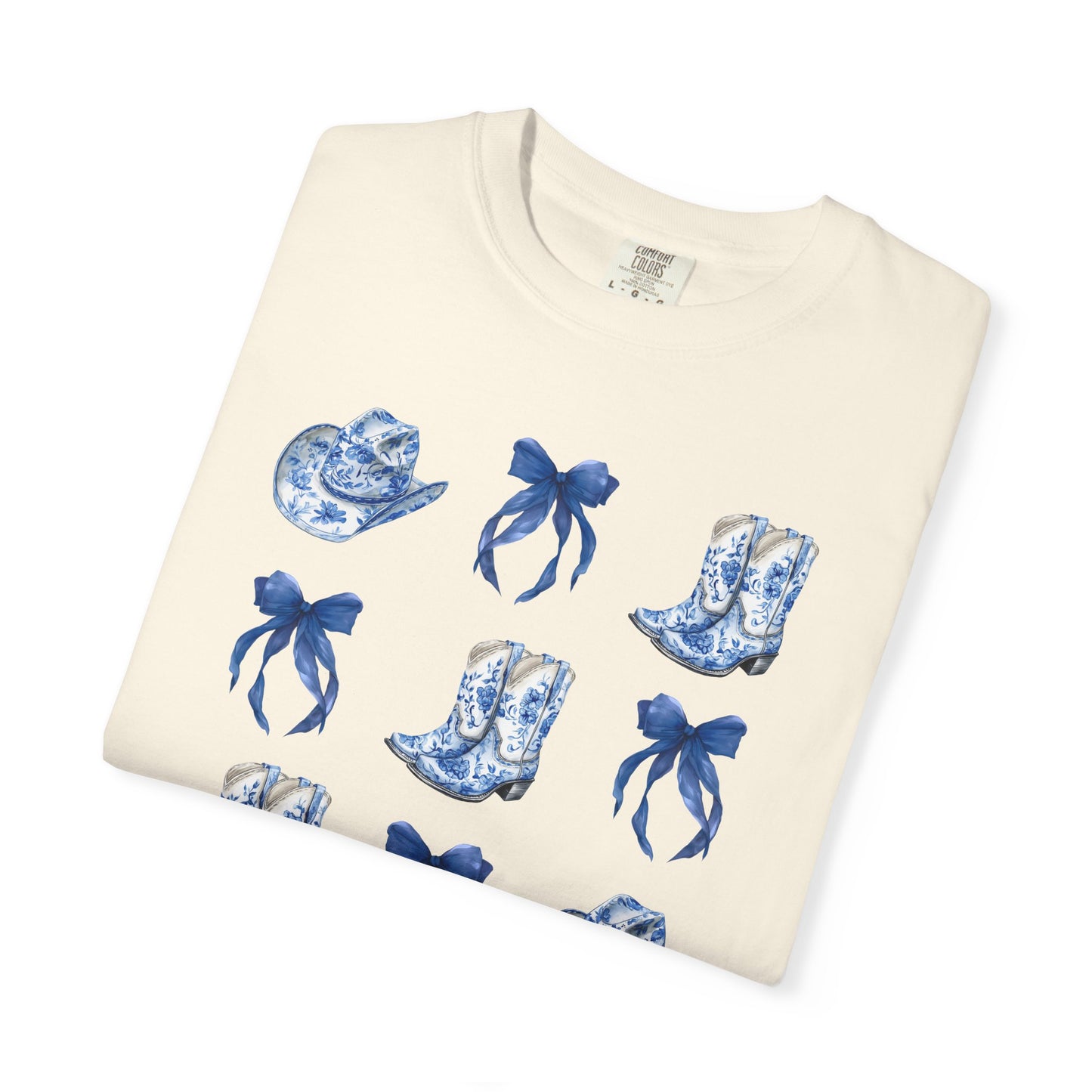 Blue Chinoiserie Cowgirl Collage Top, Cowgirl Bows Blue Toile Bows and Boots Tee, Trendy Blue & White Tshirt, Western T-shirt