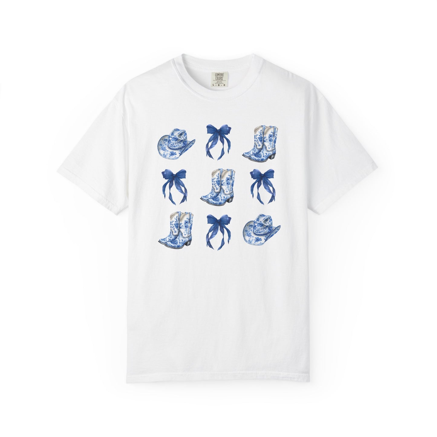 Blue Chinoiserie Cowgirl Collage Top, Cowgirl Bows Blue Toile Bows and Boots Tee, Trendy Blue & White Tshirt, Western T-shirt