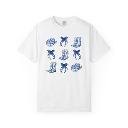 Blue Chinoiserie Cowgirl Collage Top, Cowgirl Bows Blue Toile Bows and Boots Tee, Trendy Blue & White Tshirt, Western T-shirt