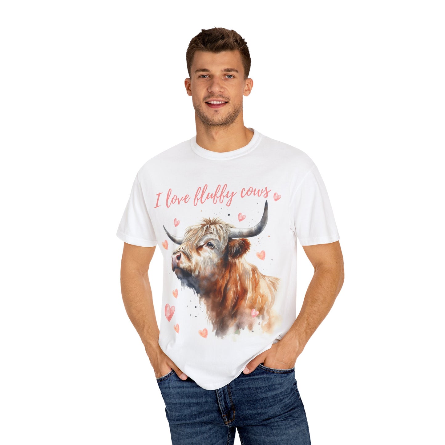 I Love Fluffy Cows T-Shirt - Cute Highland Cow with Neutral Pinks and Watercolor Design, Comfort Colors Tee