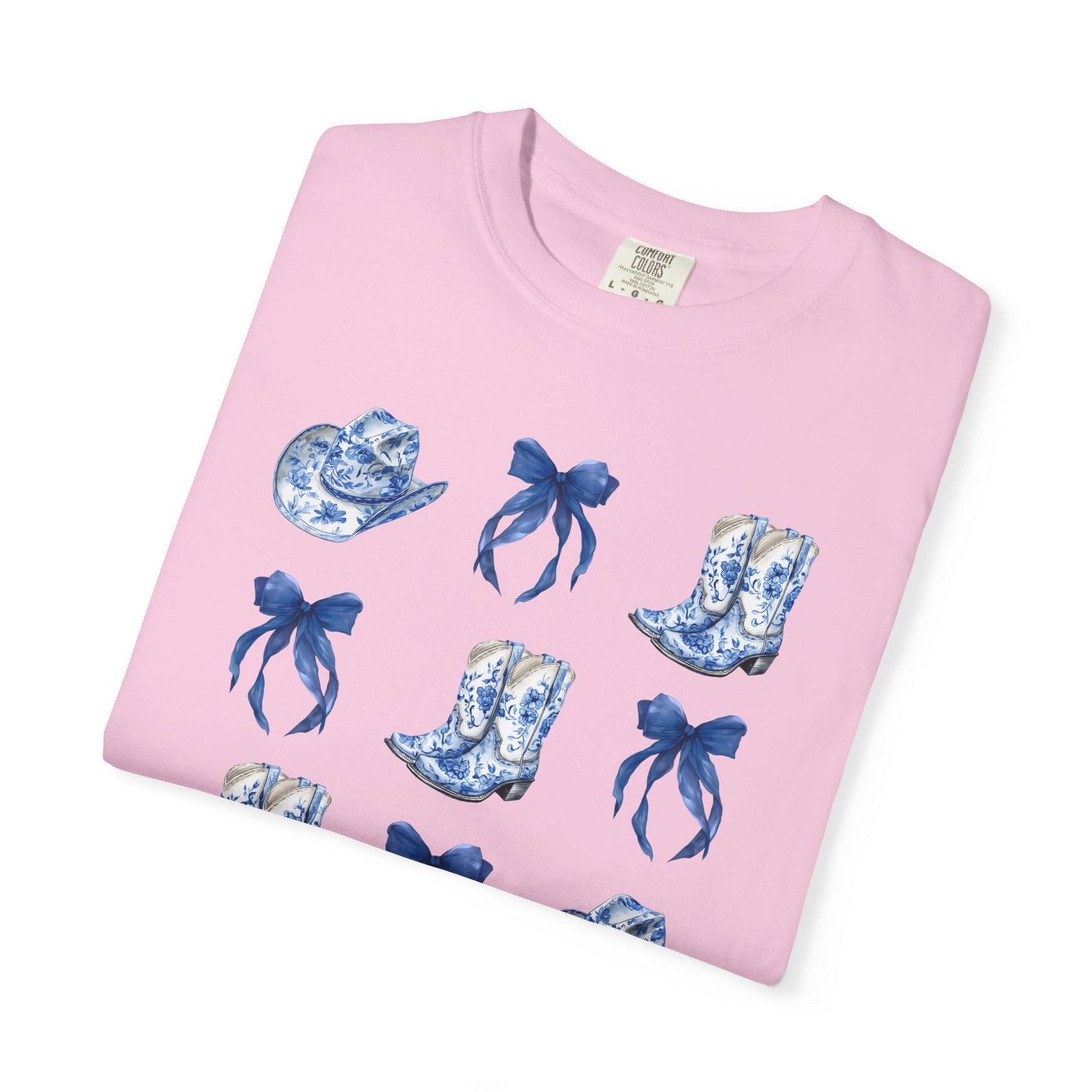 Blue Chinoiserie Cowgirl Collage Top, Cowgirl Bows Blue Toile Bows and Boots Tee, Trendy Blue & White Tshirt, Western T-shirt