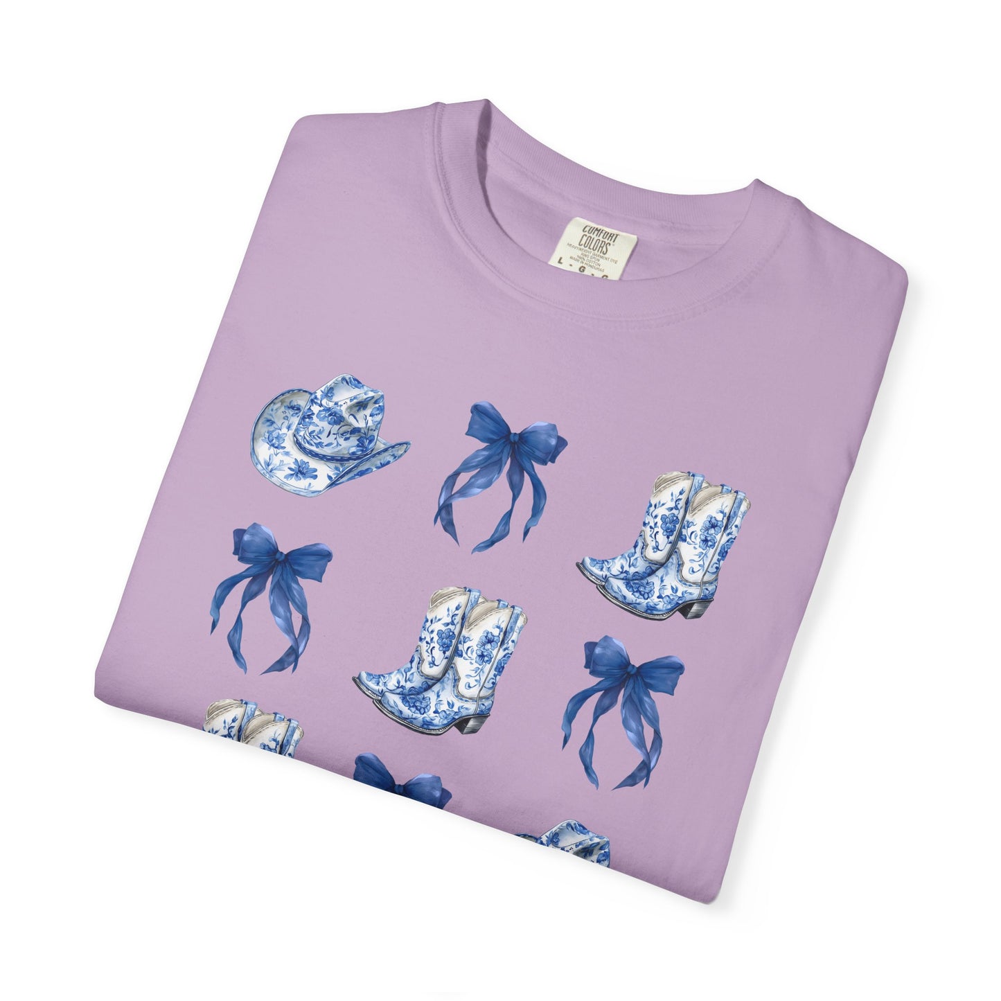 Blue Chinoiserie Cowgirl Collage Top, Cowgirl Bows Blue Toile Bows and Boots Tee, Trendy Blue & White Tshirt, Western T-shirt