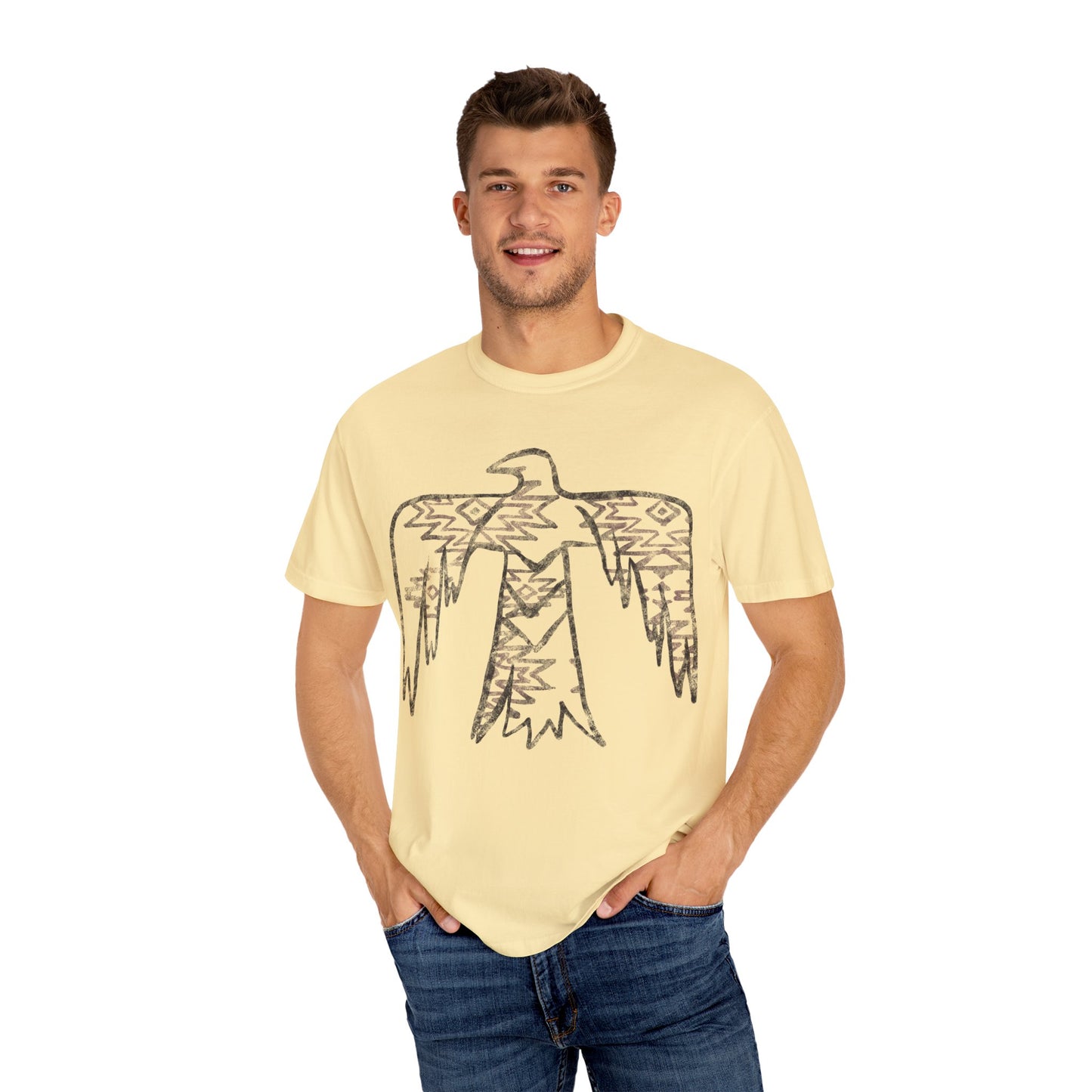 American Indian Thunderbird Grunge Unisex Garment-Dyed T-Shirt with Artistic Design, Casual Wear, Boho Style,  Graphic Tee, Eco-Friendly Fashion, Unique Gift For Her