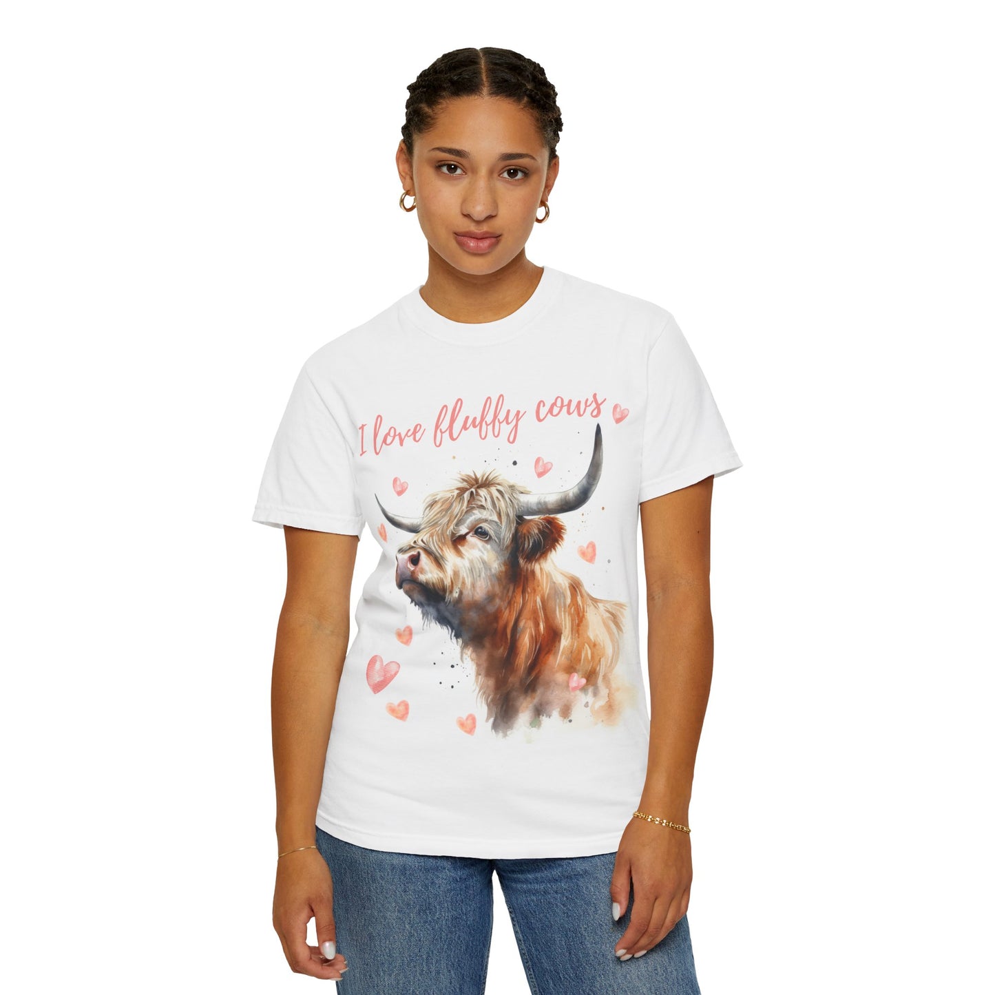 I Love Fluffy Cows T-Shirt - Cute Highland Cow with Neutral Pinks and Watercolor Design, Comfort Colors Tee