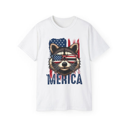 Feral Merica'  Raccoon Tee - Unisex Cotton T-Shirt for 4th of July, Independence Day Tee, Fourth of July, July 4th Tshirt, American Flag, Patriotic Tee