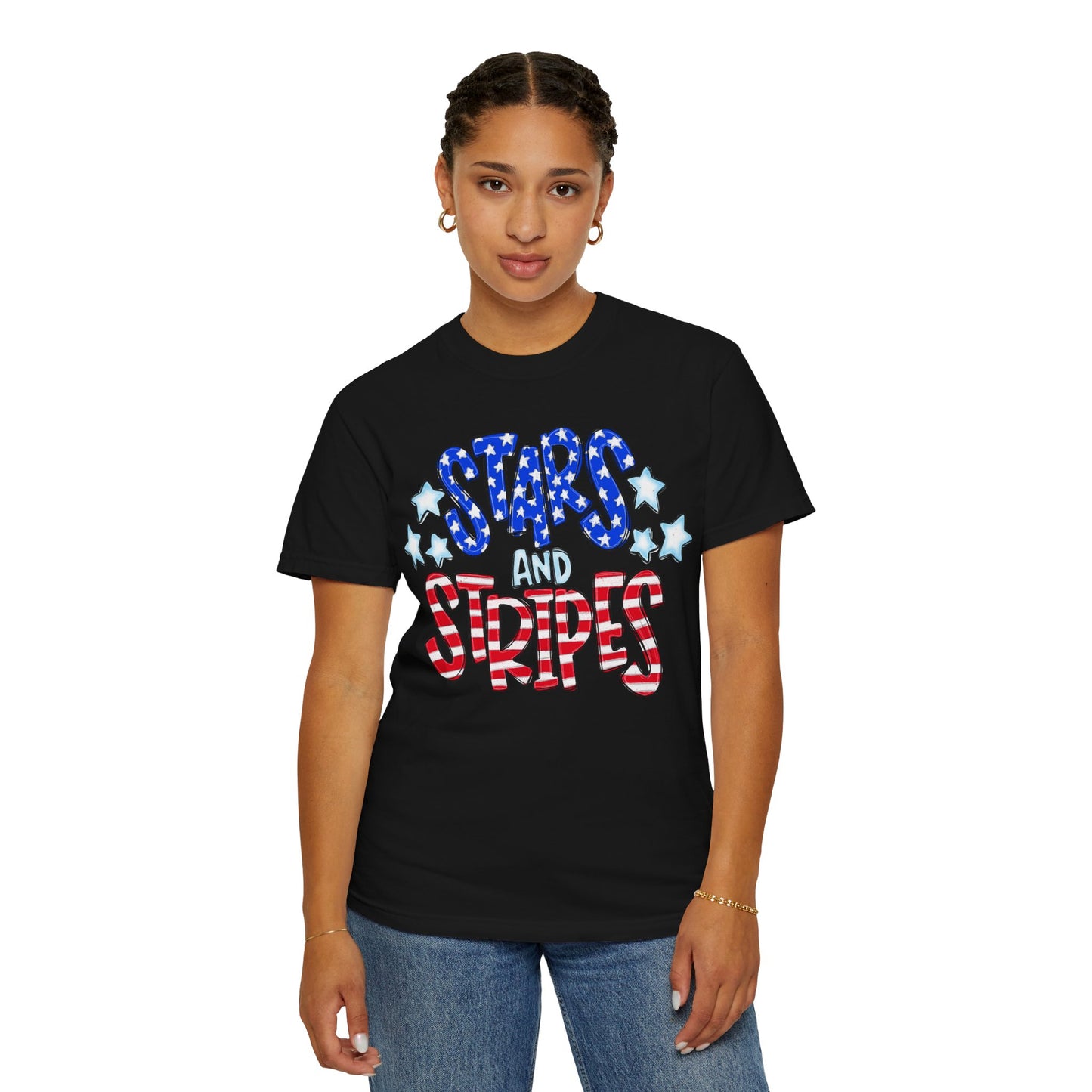 America The Beautiful Stars and Stripes Garment-Dyed Unisex T-Shirt, 4th of July Tee, Fourth of July Top, Patriotic Tshirt, Red White and Blue