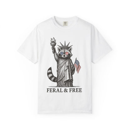Feral & Free Unisex T-Shirt - Feral Raccoon Design, 4th of July Feral Tee, 4th of July Tshirt, Independence Day, Statue of Liberty Tshirt, Red White and Blue, Fireworks