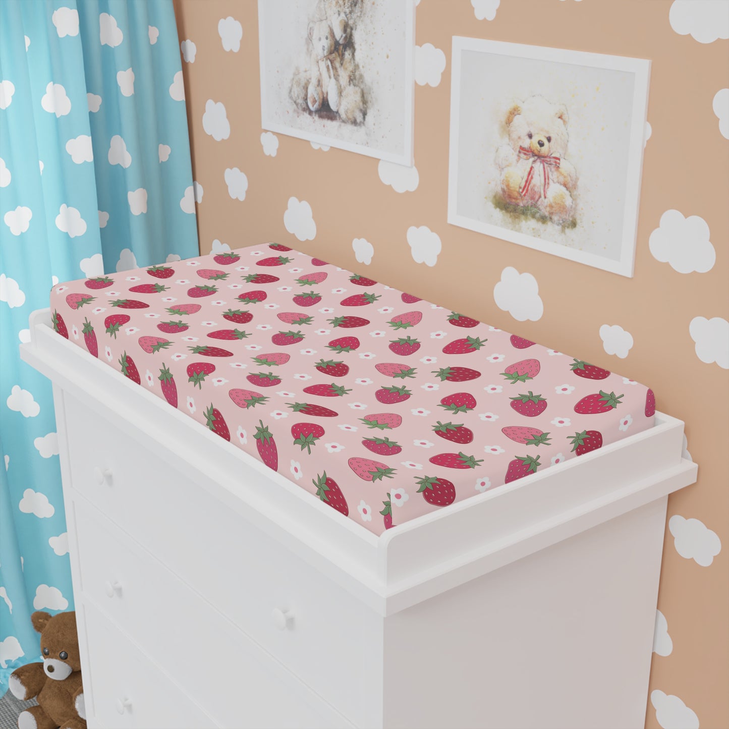 Sweet Strawberry Baby Changing Pad Cover, Nursery Decor, Baby Shower Gift, Floral Kids Bedding, Baby Girl Room, Strawberry Nursery