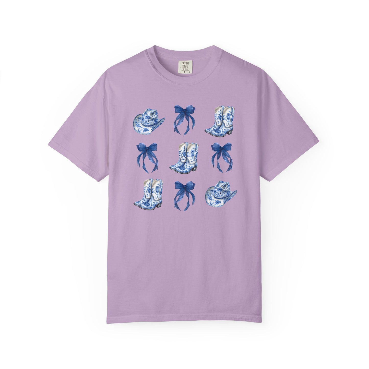 Blue Chinoiserie Cowgirl Collage Top, Cowgirl Bows Blue Toile Bows and Boots Tee, Trendy Blue & White Tshirt, Western T-shirt