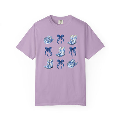 Blue Chinoiserie Cowgirl Collage Top, Cowgirl Bows Blue Toile Bows and Boots Tee, Trendy Blue & White Tshirt, Western T-shirt