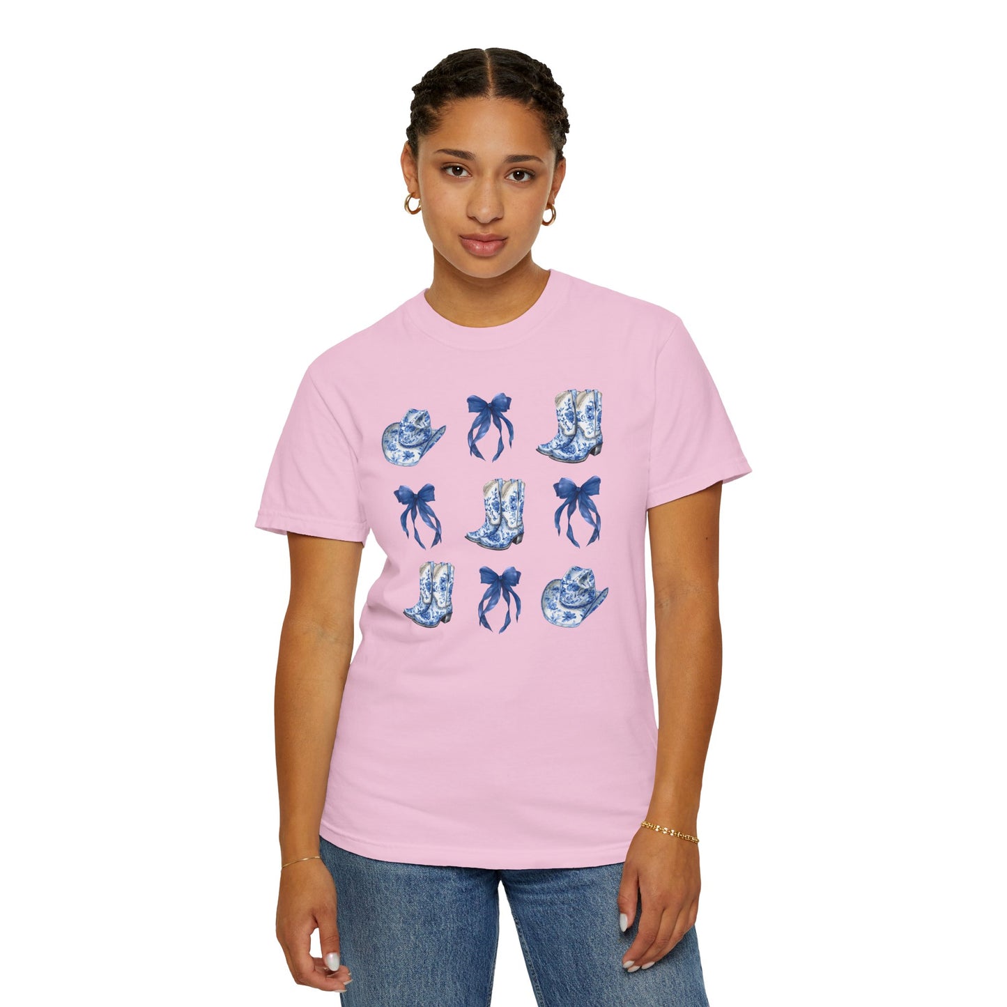 Blue Chinoiserie Cowgirl Collage Top, Cowgirl Bows Blue Toile Bows and Boots Tee, Trendy Blue & White Tshirt, Western T-shirt