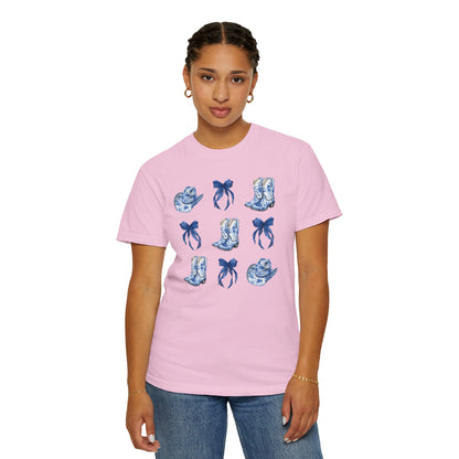 Blue Chinoiserie Cowgirl Collage Top, Cowgirl Bows Blue Toile Bows and Boots Tee, Trendy Blue & White Tshirt, Western T-shirt