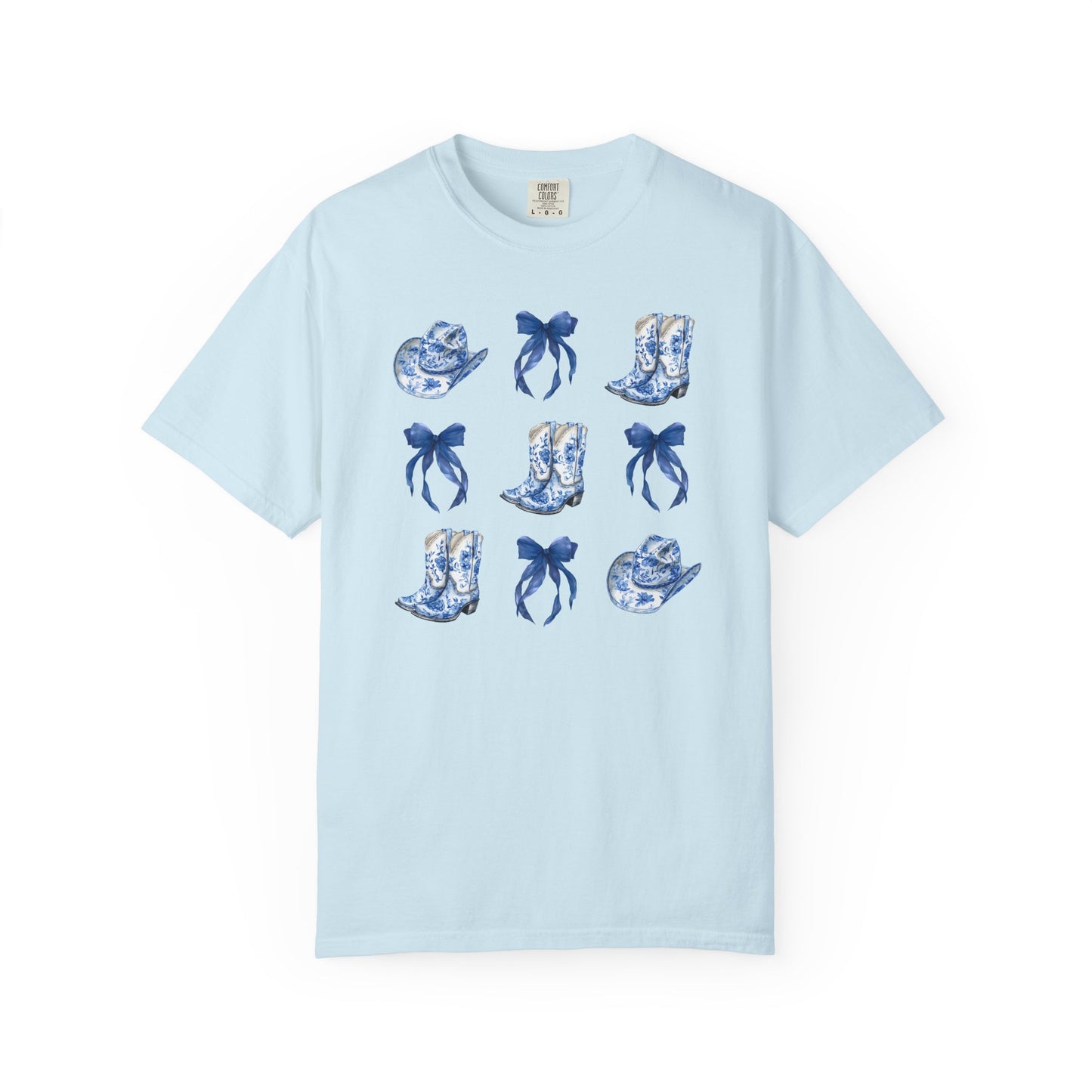 Blue Chinoiserie Cowgirl Collage Top, Cowgirl Bows Blue Toile Bows and Boots Tee, Trendy Blue & White Tshirt, Western T-shirt