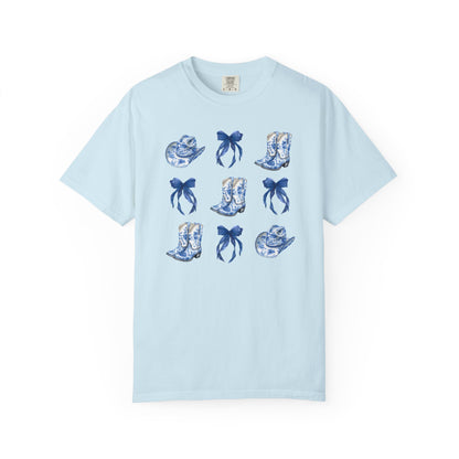 Blue Chinoiserie Cowgirl Collage Top, Cowgirl Bows Blue Toile Bows and Boots Tee, Trendy Blue & White Tshirt, Western T-shirt