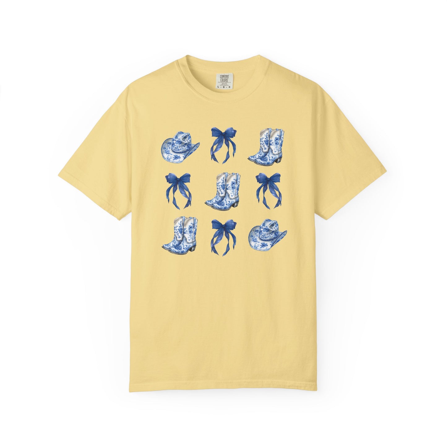 Blue Chinoiserie Cowgirl Collage Top, Cowgirl Bows Blue Toile Bows and Boots Tee, Trendy Blue & White Tshirt, Western T-shirt
