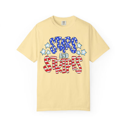 America The Beautiful Stars and Stripes Garment-Dyed Unisex T-Shirt, 4th of July Tee, Fourth of July Top, Patriotic Tshirt, Red White and Blue