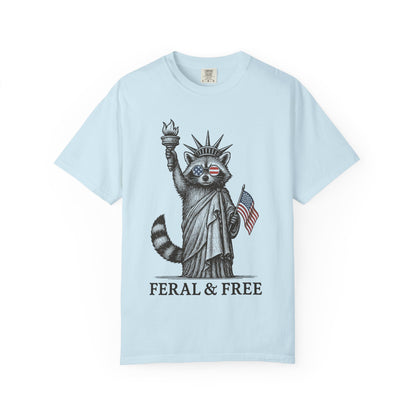 Feral & Free Unisex T-Shirt - Feral Raccoon Design, 4th of July Feral Tee, 4th of July Tshirt, Independence Day, Statue of Liberty Tshirt, Red White and Blue, Fireworks