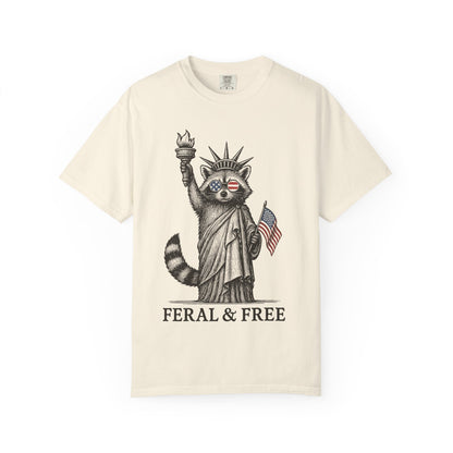 Feral & Free Unisex T-Shirt - Feral Raccoon Design, 4th of July Feral Tee, 4th of July Tshirt, Independence Day, Statue of Liberty Tshirt, Red White and Blue, Fireworks