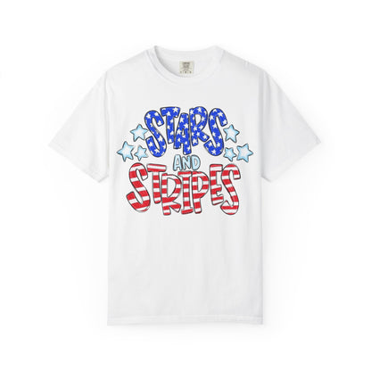 America The Beautiful Stars and Stripes Garment-Dyed Unisex T-Shirt, 4th of July Tee, Fourth of July Top, Patriotic Tshirt, Red White and Blue