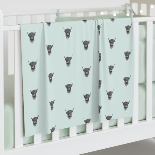 Modern Baby Swaddle Blanket Mint Highland Cattle Design, Soft Infant Wrap, Neutral Nursery Decor, Newborn Gift, Baby Shower Present
