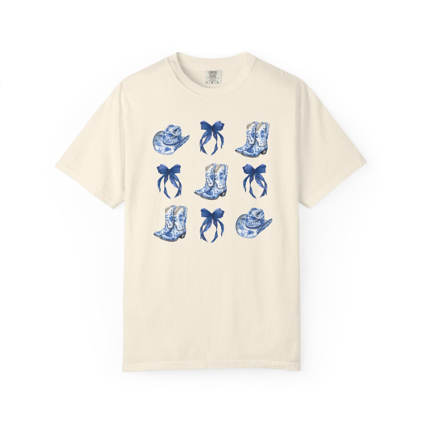 Blue Chinoiserie Cowgirl Collage Top, Cowgirl Bows Blue Toile Bows and Boots Tee, Trendy Blue & White Tshirt, Western T-shirt
