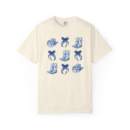 Blue Chinoiserie Cowgirl Collage Top, Cowgirl Bows Blue Toile Bows and Boots Tee, Trendy Blue & White Tshirt, Western T-shirt