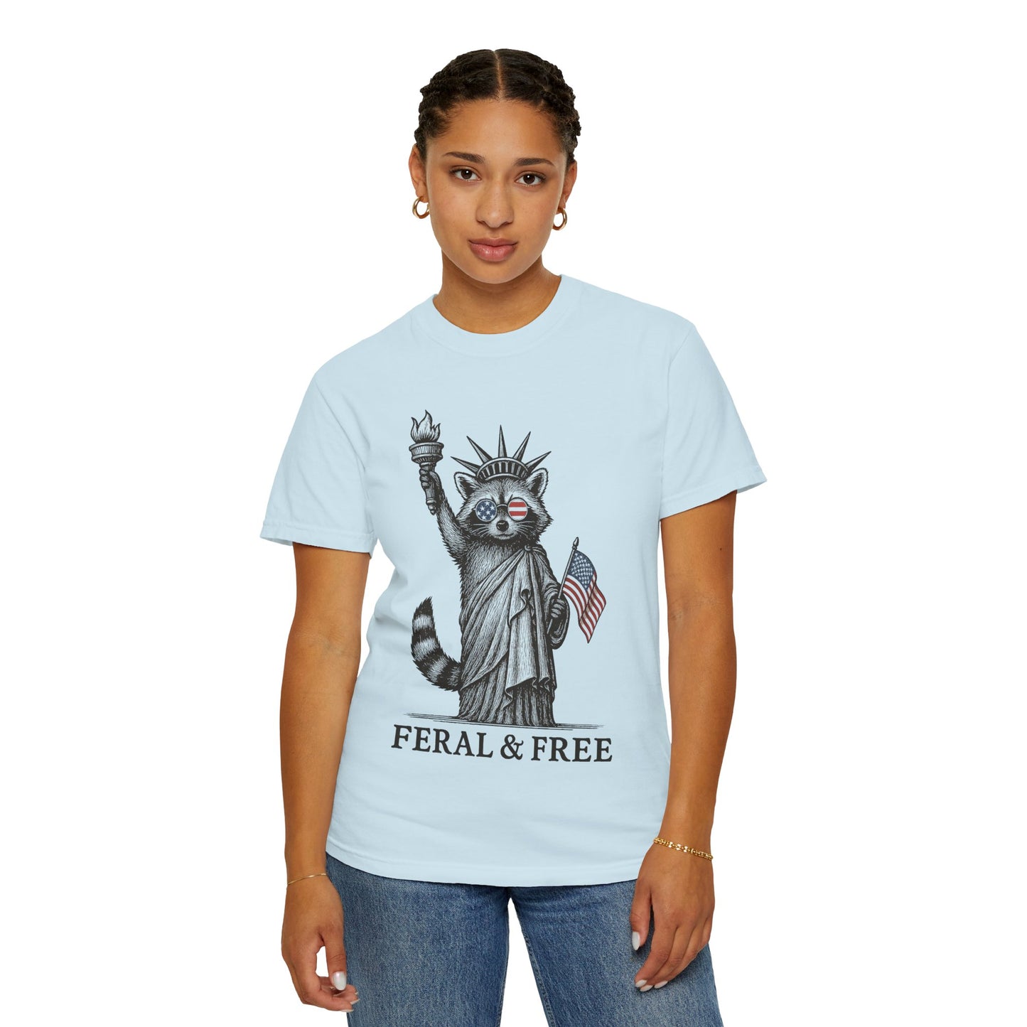 Feral & Free Unisex T-Shirt - Feral Raccoon Design, 4th of July Feral Tee, 4th of July Tshirt, Independence Day, Statue of Liberty Tshirt, Red White and Blue, Fireworks