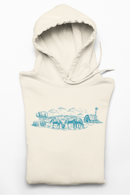 Lightweight Hand Drawn Horse Landscape Hoodie | Cozy Equine Sweatshirt for Horse Lovers and Farmers