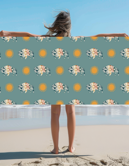 Aztec Buffalo Sunshine Boho Vibe Turquoise Western Trendy Beach Towel A Must On That Beach Vacation or Hanging By The Pool, River Day or Lazy Lake Trip