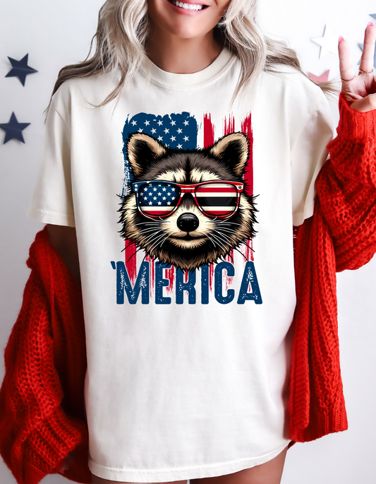 Feral Merica'  Raccoon Tee - Unisex Cotton T-Shirt for 4th of July, Independence Day Tee, Fourth of July, July 4th Tshirt, American Flag, Patriotic Tee