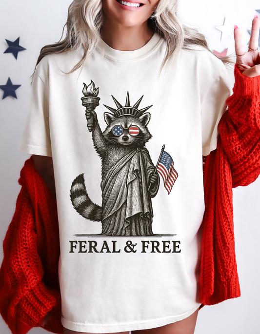 Feral & Free Unisex T-Shirt - Feral Raccoon Design, 4th of July Feral Tee, 4th of July Tshirt, Independence Day, Statue of Liberty Tshirt, Red White and Blue, Fireworks