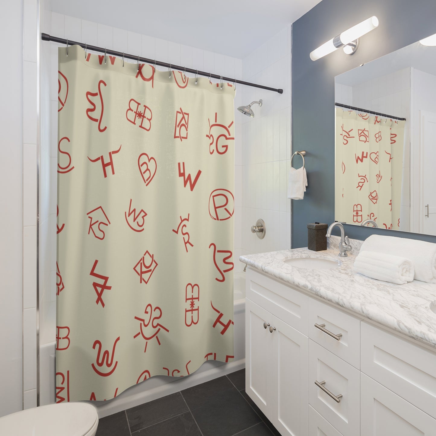Shower Curtain - Cattle Brand Cream and Red Custom Trendy Western Design