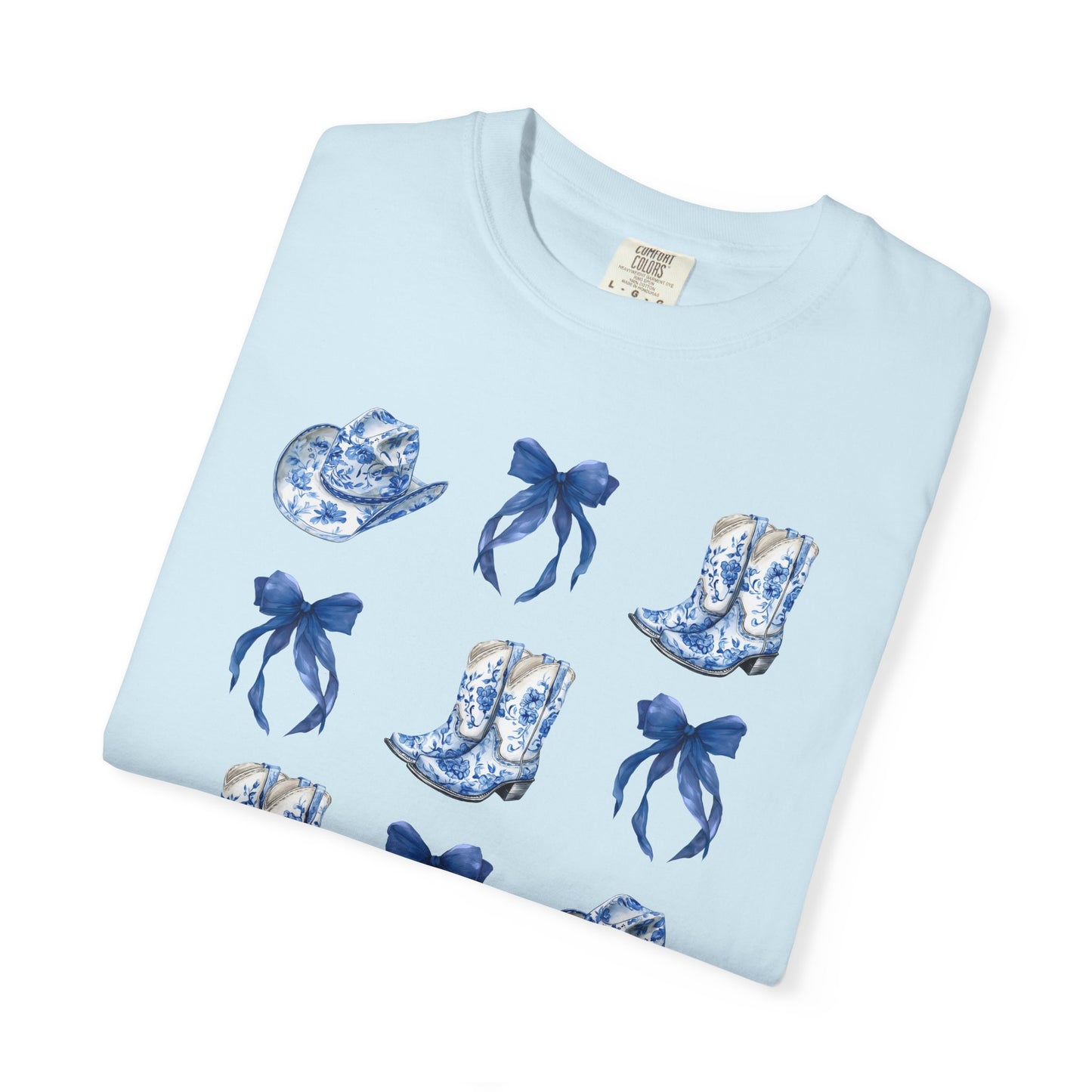 Blue Chinoiserie Cowgirl Collage Top, Cowgirl Bows Blue Toile Bows and Boots Tee, Trendy Blue & White Tshirt, Western T-shirt