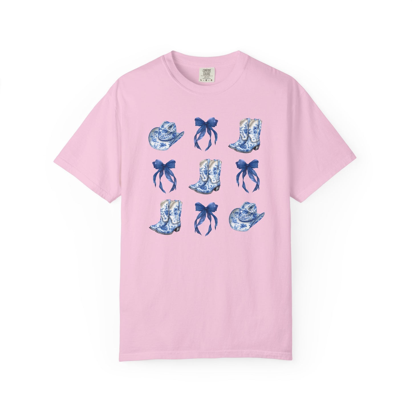 Blue Chinoiserie Cowgirl Collage Top, Cowgirl Bows Blue Toile Bows and Boots Tee, Trendy Blue & White Tshirt, Western T-shirt
