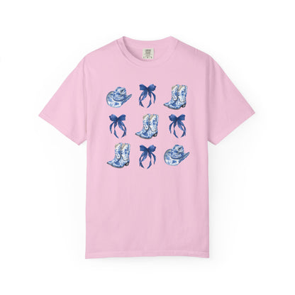 Blue Chinoiserie Cowgirl Collage Top, Cowgirl Bows Blue Toile Bows and Boots Tee, Trendy Blue & White Tshirt, Western T-shirt