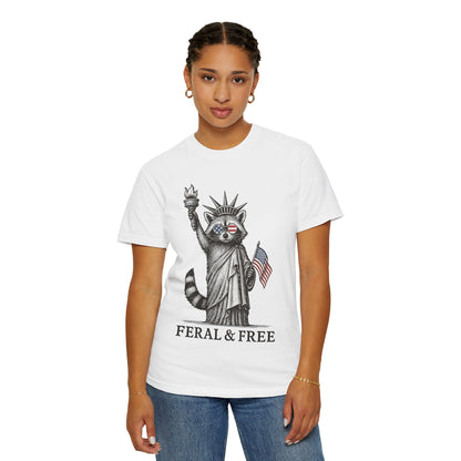 Feral & Free Unisex T-Shirt - Feral Raccoon Design, 4th of July Feral Tee, 4th of July Tshirt, Independence Day, Statue of Liberty Tshirt, Red White and Blue, Fireworks