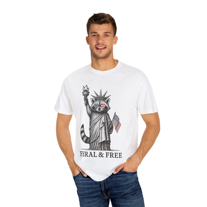 Feral & Free Unisex T-Shirt - Feral Raccoon Design, 4th of July Feral Tee, 4th of July Tshirt, Independence Day, Statue of Liberty Tshirt, Red White and Blue, Fireworks