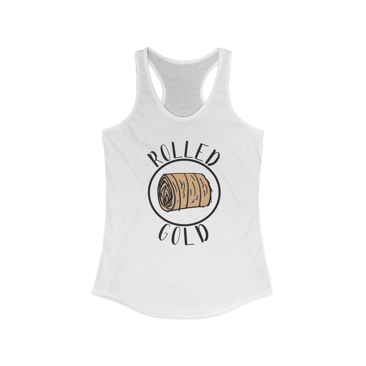 Hay Season Is Here ..Rolled Gold Racerback Tank | Fun Graphic Tees, Women's Activewear, Summer Fashion, Gift for Her, Farm Wife, Tractor, Hay Bale, Cattle