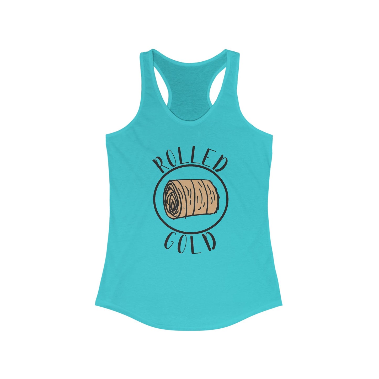 Hay Season Is Here ..Rolled Gold Racerback Tank | Fun Graphic Tees, Women's Activewear, Summer Fashion, Gift for Her, Farm Wife, Tractor, Hay Bale, Cattle