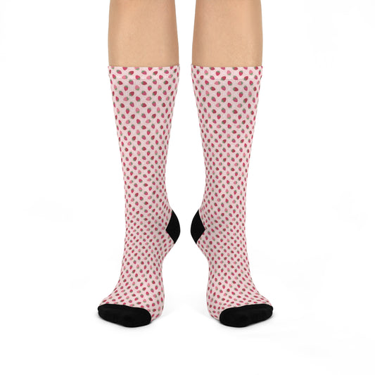 Funky Fun Strawberry Socks  Cute Pink Dotted Cushioned Crew Socks - Soft & Comfy Fashion Accessory