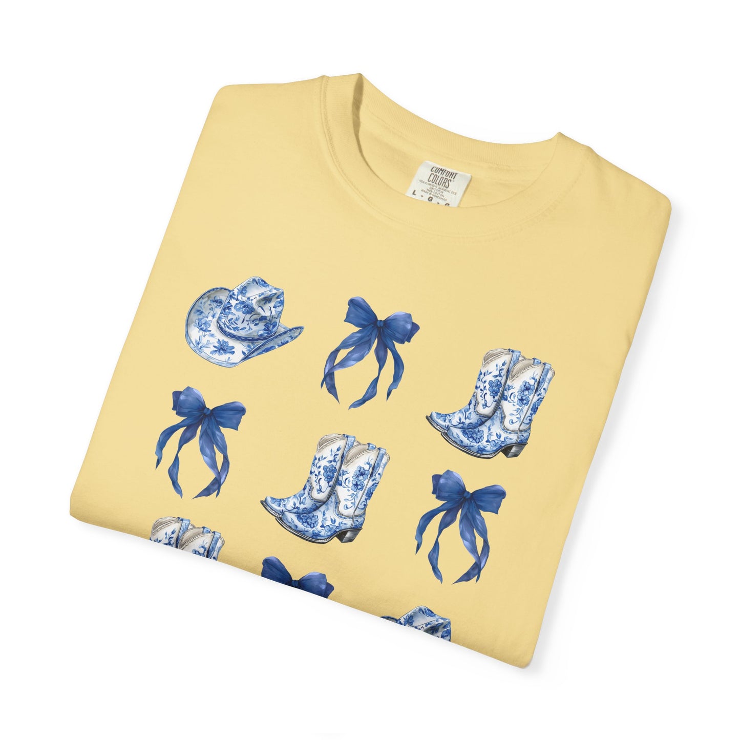 Blue Chinoiserie Cowgirl Collage Top, Cowgirl Bows Blue Toile Bows and Boots Tee, Trendy Blue & White Tshirt, Western T-shirt