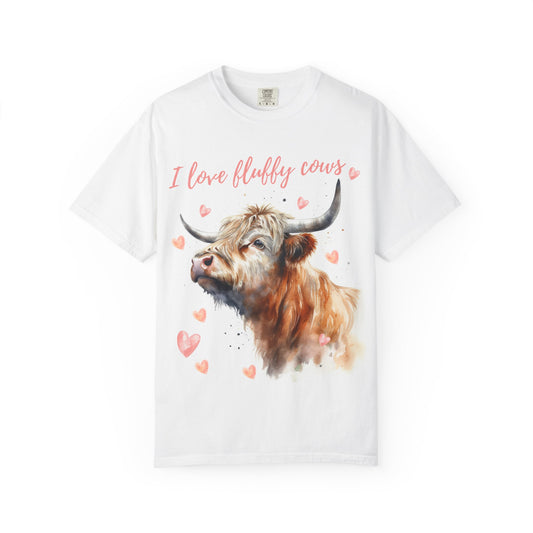 I Love Fluffy Cows T-Shirt - Cute Highland Cow with Neutral Pinks and Watercolor Design, Comfort Colors Tee