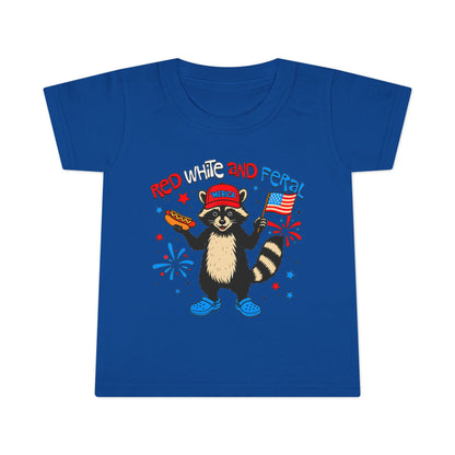 Toddler Red White and Feral Fourth of July T-Shirt, Cute Raccoon Tee, Kids Independence Day Top, 4th of July Shirt, Red White and Blue Apparel, Independence Day Fireworks