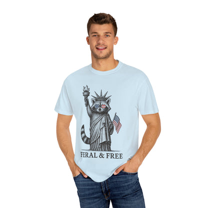 Feral & Free Unisex T-Shirt - Feral Raccoon Design, 4th of July Feral Tee, 4th of July Tshirt, Independence Day, Statue of Liberty Tshirt, Red White and Blue, Fireworks