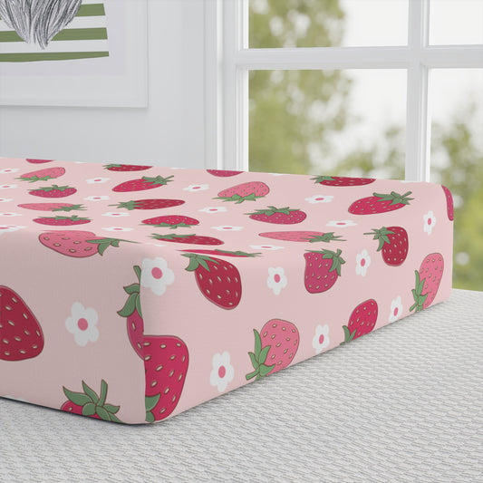 Sweet Strawberry Baby Changing Pad Cover, Nursery Decor, Baby Shower Gift, Floral Kids Bedding, Baby Girl Room, Strawberry Nursery