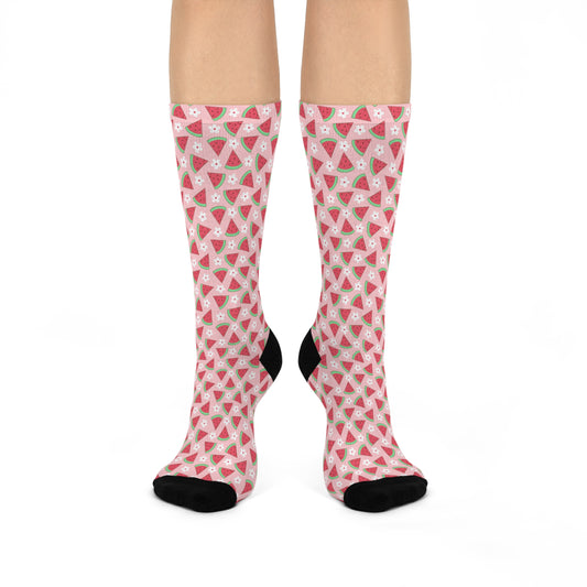 Sweet Watermelon and Daisy  Cushioned Crew Socks - Fun Watermelon Socks - Stylish and Trendy