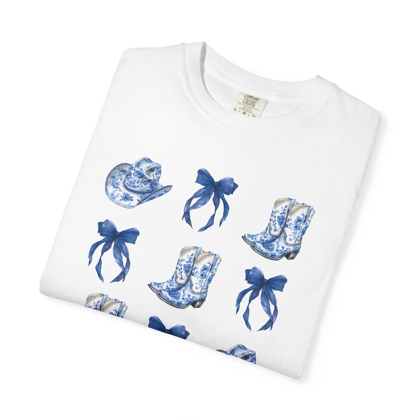 Blue Chinoiserie Cowgirl Collage Top, Cowgirl Bows Blue Toile Bows and Boots Tee, Trendy Blue & White Tshirt, Western T-shirt
