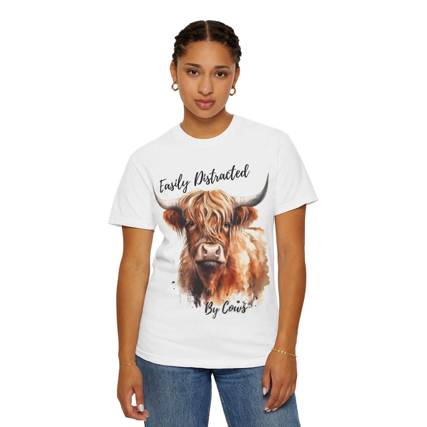 Adorable Highland Cow Easily Distracted By Cows Unisex Tshirt, Cow Tee, Highland Cow T-Shirt, Fluffy Cows, Horned Cow, Women's TShirt