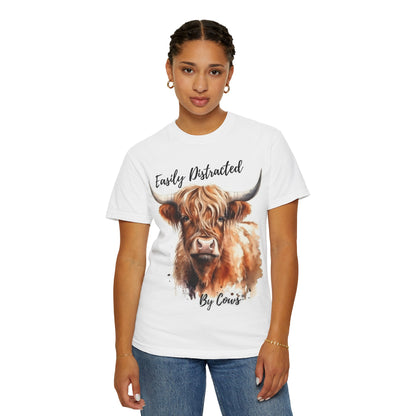 Adorable Highland Cow Easily Distracted By Cows Unisex Tshirt, Cow Tee, Highland Cow T-Shirt, Fluffy Cows, Horned Cow, Women's TShirt